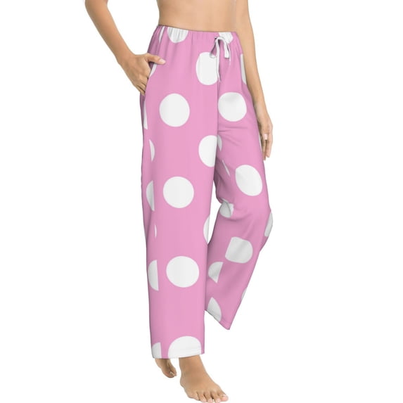 Goofa Pink And White Polka Dot Printed Soft Pajama Pants for Women, Wide Leg Comfy Casual Lounge Yoga Pants-Large