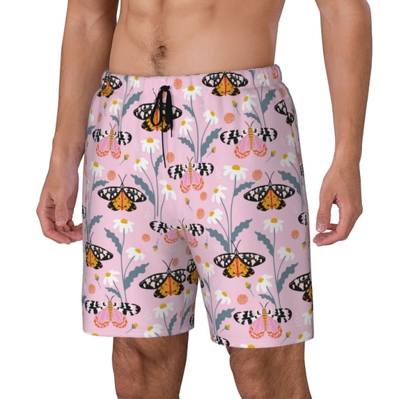 Goofa Pink Butterfly Daisy Printed Men's Swim Trunks Board Shorts Quick Dry Mens Swimming Trunks with Compression Liner,Breathable Fit Hawaii Beach Shorts-3X-Large