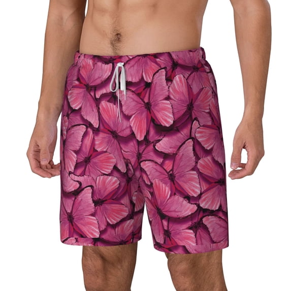 Goofa Pink Butterfly Printed Men's Swim Trunks Board Shorts Quick Dry Mens Swimming Trunks with Compression Liner,Breathable Fit Hawaii Beach Shorts-Small