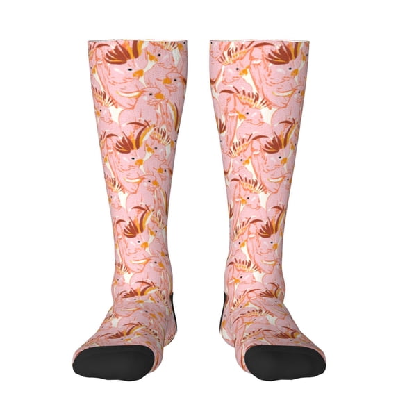 Goofa Pink Cockatoo Birds Pattern Adult Stockings, Color-Block Knee High Socks, Comfortable and Breathable, Soft and Stretchable, Sports, and Decoration