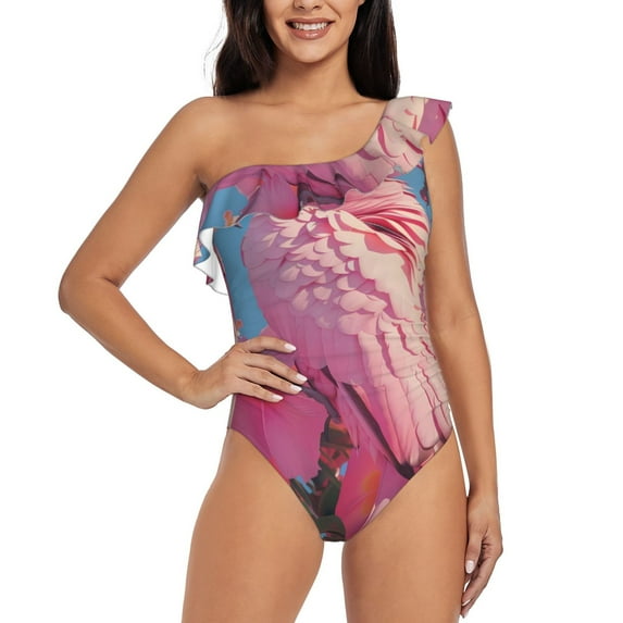 Goofa Pink Parrot Tropical Blossoms Pattern Women's One Piece Swimsuits Tummy Control Bathing Suits Asymmetric One Shoulder Swimwear-Medium