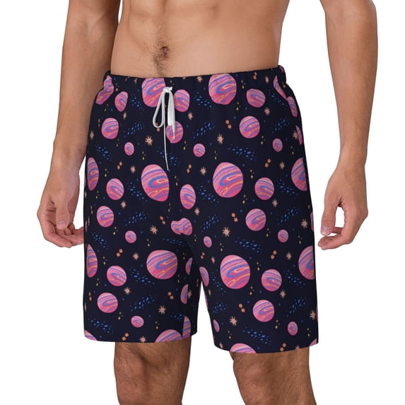 Goofa Pink Planets And Stars Printed Men's Swim Trunks Board Shorts Quick Dry Mens Swimming Trunks with Compression Liner,Breathable Fit Hawaii Beach Shorts-Small