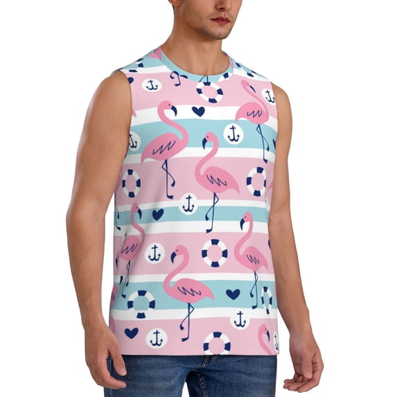 Goofa Pink Striped Flamingo Printed Men's Sleeveless T-Shirt - Athletic Gym Workout Tank Top for Men - Moisture-Wicking, UPF 30+ Quick-Dry Muscle Tee-