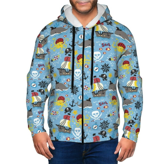 Goofa Pirate Marine Animals Pattern Mens Full-zip Hoodie, Zip-up Pullover Hooded Sweatshirt, Kangaroo Pocket Hoodie Ideal for Daily Wear, Travel, and Home-Medium