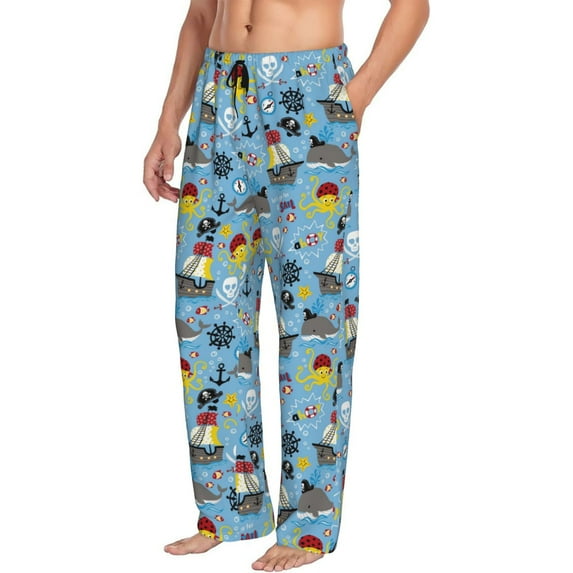 Goofa Pirate Marine Animals Printed Soft Pajama Pants for Men, Wide Leg Comfy Casual Lounge Yoga Pants-