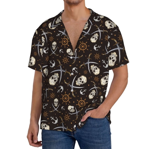 Goofa Pirate Skulls Printed Men's Casual Short-sleeved Shirt,Lightweight Breathable Button-down,Summer Casual men's top,Versatile Fashion shirt-Medium