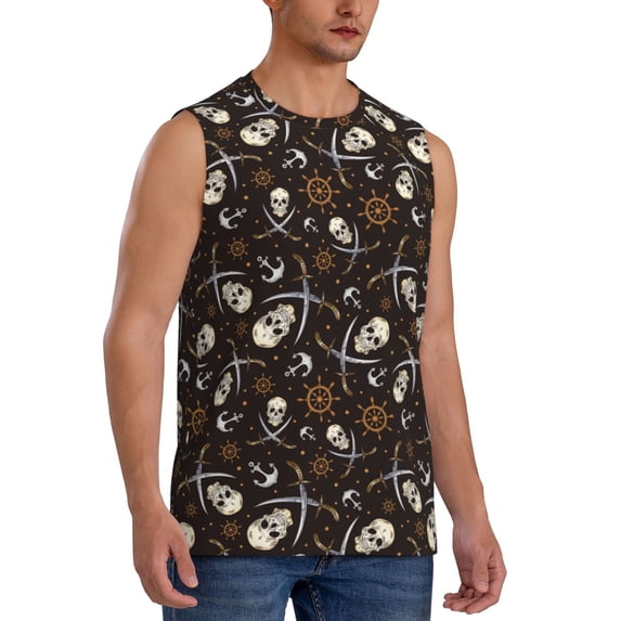 Goofa Pirate Skulls Printed Men's Sleeveless T-Shirt - Athletic Gym Workout Tank Top for Men - Moisture-Wicking, UPF 30+ Quick-Dry Muscle Tee-Medium