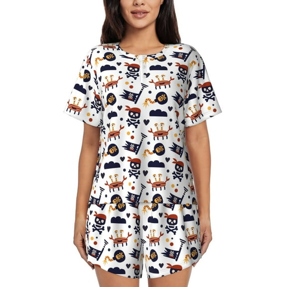 Goofa Pirate Theme for Womens Cotton 2 Piece Pajamas Set Classic Short Sleeve Pjs Set Soft Button Down Sleepwear Loungewear-Small