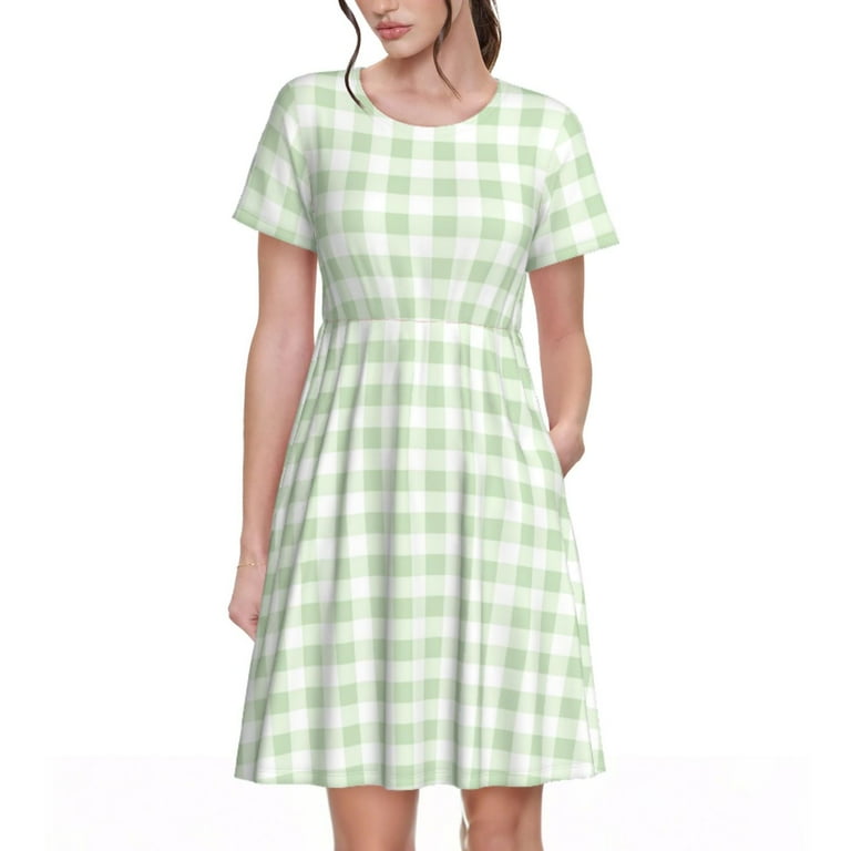 Goofa Pistachio Green Checkboard Pattern Women Summer Short Sleeve Midi  Dress with Pockets Casual Aline Flowy Tshirt Dress Vocation Beach Sundress  - Walmart.com