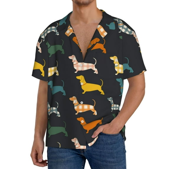 Goofa Plaid Dachshund Printed Men's Casual Short-sleeved Shirt,Lightweight Breathable Button-down,Summer Casual men's top,Versatile Fashion shirt-Medium