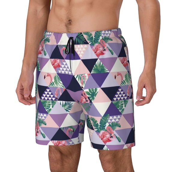 Goofa Plaid Flamingo Printed Men's Swim Trunks Board Shorts Quick Dry Mens Swimming Trunks with Compression Liner,Breathable Fit Hawaii Beach Shorts-Medium