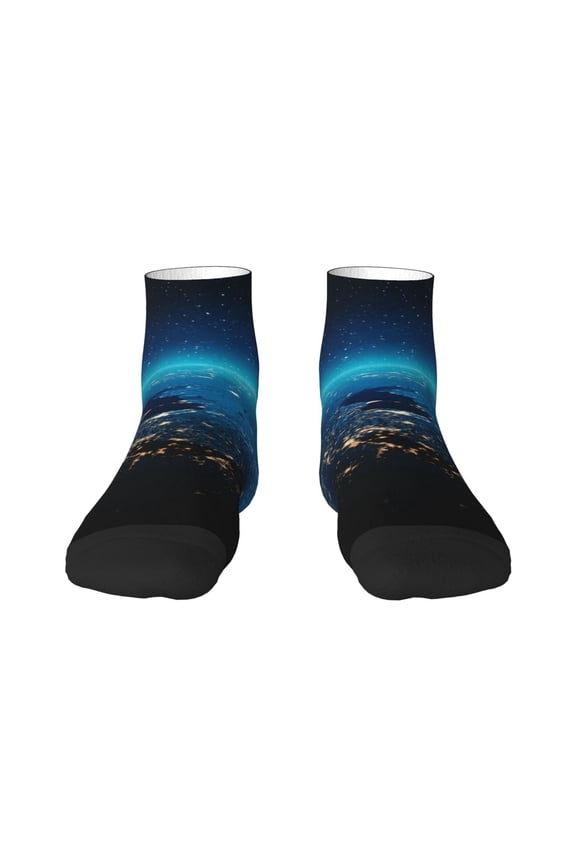 Planet Earth Pattern Non Slip Socks with Grips for Elderly, Crew Socks Yoga Hospital Socks Cushioned Sole Gripper Socks for Men Women