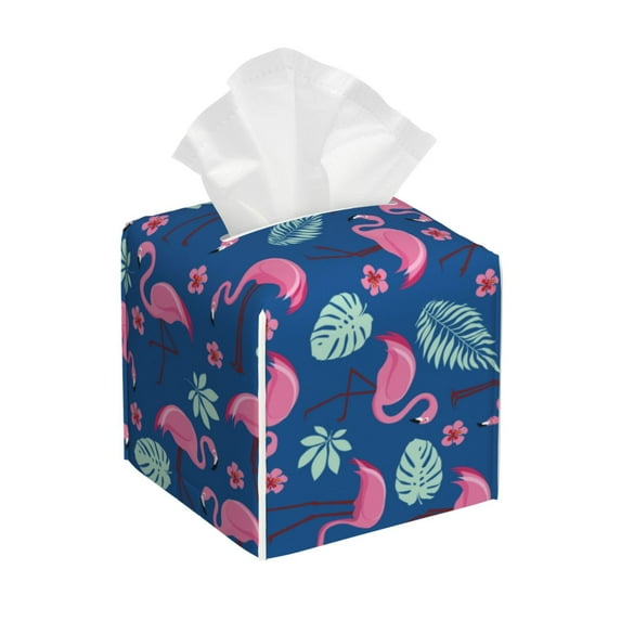 Goofa Plants And Flamingos Tissue Box Cover PVC Leather Tissue Holder Square Facial Tissue Case Facial Paper Organizer Dispenser for Bathroom, Vanity Countertop