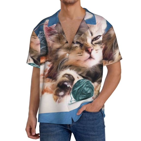 Goofa Playful Cat Printed Men's Casual Short-sleeved Shirt,Lightweight Breathable Button-down,Summer Casual men's top,Versatile Fashion shirt-XX-Large
