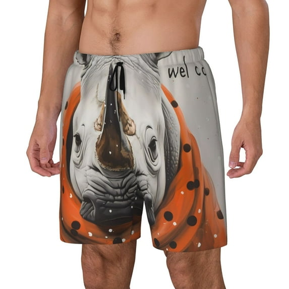 Goofa Polka Dot Rhino Welcome Printed Men's Swim Trunks Board Shorts Quick Dry Mens Swimming Trunks with Compression Liner,Breathable Fit Hawaii Beach Shorts-X-Large