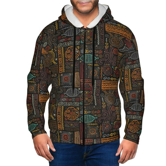 Goofa Polynesian Turtles Pattern Mens Full-zip Hoodie, Zip-up Pullover Hooded Sweatshirt, Kangaroo Pocket Hoodie Ideal for Daily Wear, Travel, and Home-Small