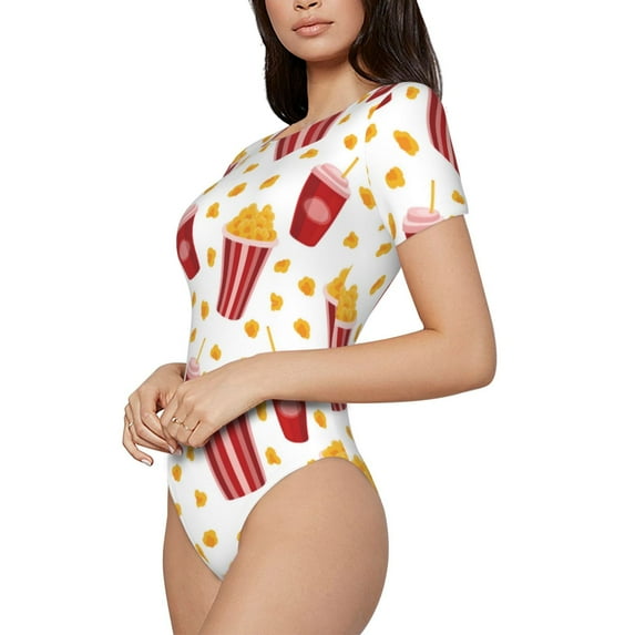 Goofa Popcorn Printed Women Rash Guard Short Sleeve,Tummy control Swimsuit Surfing Swimsuit Bathing Suit One Piece Swimsuit UPF 50-Large