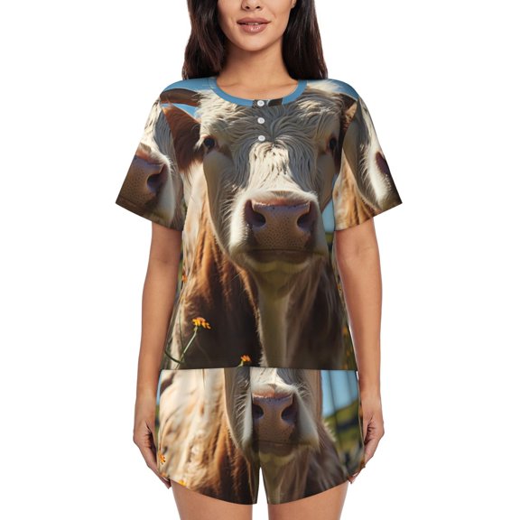 Goofa Prairie Flower Cow for Womens Cotton 2 Piece Pajamas Set Classic Short Sleeve Pjs Set Soft Button Down Sleepwear Loungewear-X-Large