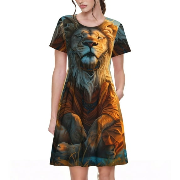 Goofa Prairie Meditating Lion Pattern Women Summer Short Sleeve Midi Dress with Pockets Casual Aline Flowy Tshirt Dress Vocation Beach Sundress