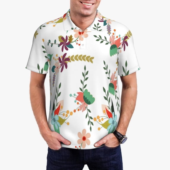 Goofa Pretty Floral With Leaves Print Mens Polo Shirts Quick Dry Short Sleeve Golf T Shirt Performance Moisture Wicking Casual Workout-Small