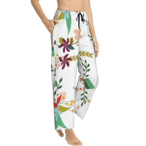 Goofa Pretty Floral With Leaves Printed Soft Pajama Pants for Women, Wide Leg Comfy Casual Lounge Yoga Pants-Medium