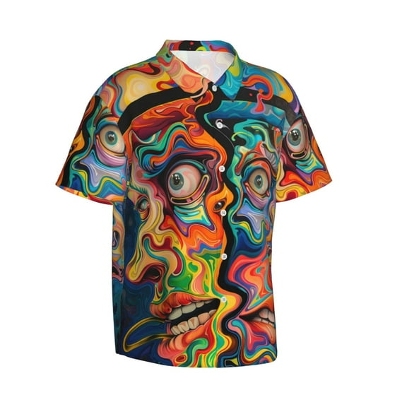 Goofa Psychedelic Faces Colorful Hawaiian Shirt for Men, Unisex Summer Beach Casual Short Sleeve Button Down Shirts,Aloha Tropical Floral print shirt-Large