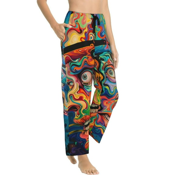 Goofa Psychedelic Faces Colorful Printed Soft Pajama Pants for Women, Wide Leg Comfy Casual Lounge Yoga Pants-Large