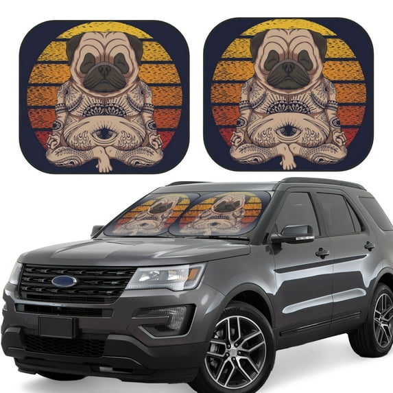 Goofa Pug dog Yoga Pattern 2 Piece Car Windshield Sun Shade Foldable | Front Windshield Shade for Sun, Heat and UV Rays | Sunshade for Car Front Window-Large