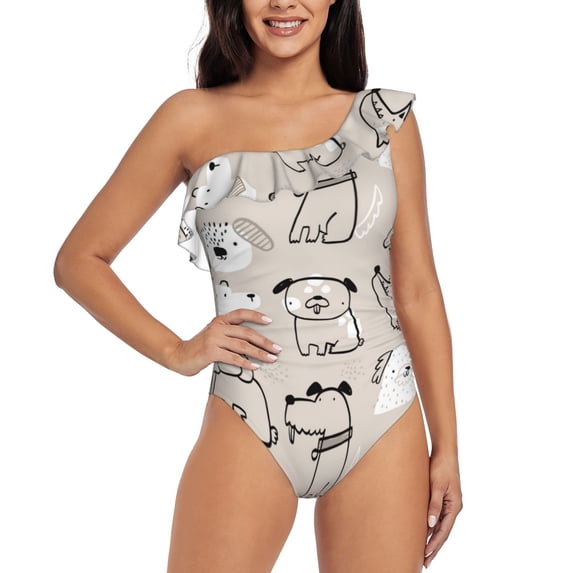 Goofa Puppy Pattern Women's One Piece Swimsuits Tummy Control Bathing Suits Asymmetric One Shoulder Swimwear-XX-Large