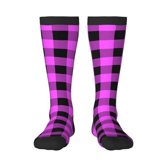 Goofa Purple Black Buffalo Plaid Pattern Adult Stockings, Color-Block Knee High Socks, Comfortable and Breathable, Soft and Stretchable, Sports, and Decoration
