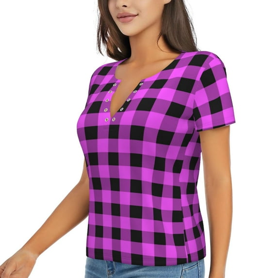 Goofa Purple Black Buffalo Plaid Pattern Womens Deep V Neck Low Cut Tops Casual Summer Short Sleeve Ribbed Knit T-Shirts-Medium