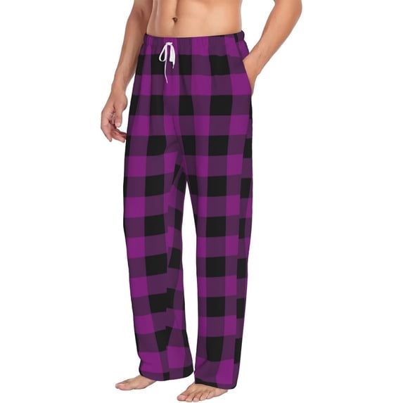 Goofa Purple Black Plaid Printed Soft Pajama Pants for Men, Wide Leg Comfy Casual Lounge Yoga Pants-XX-Large