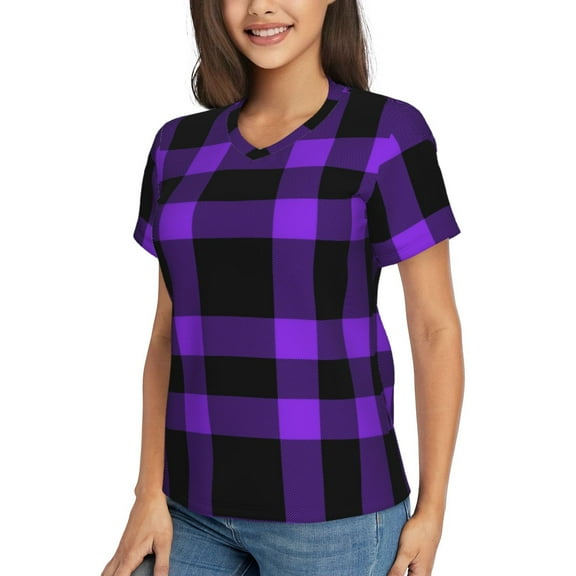 Goofa Purple Buffalo Plaid Pattern Women's Slim-Fit Short-Sleeve V-Neck T-Shirt,Classic-Fit Short-Sleeve V-Neck T-Shirt-Medium