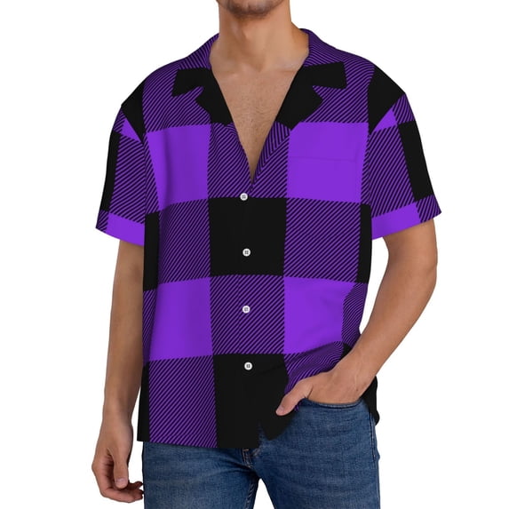 Goofa Purple Buffalo Plaid Printed Men's Casual Short-sleeved Shirt,Lightweight Breathable Button-down,Summer Casual men's top,Versatile Fashion shirt-X-Large