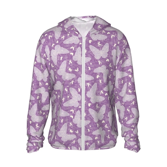 Goofa Purple Butterflies Floral Printed Women's UPF 50+ Sun Protection Hoodie Jacket Lightweight Long Sleeve Sun Shirt for Women with Pocket Hiking Outdoor-Medium