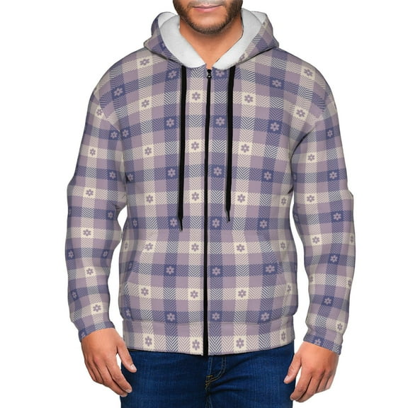 Goofa Purple Floral Gingham Check Plaid Pattern Mens Full-zip Hoodie, Zip-up Pullover Hooded Sweatshirt, Kangaroo Pocket Hoodie Ideal for Daily Wear, Travel, and Home-Medium