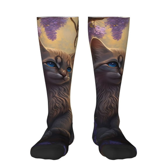 Goofa Purple Flower Lazy Cat Pattern Adult Stockings, Color-Block Knee High Socks, Comfortable and Breathable, Soft and Stretchable, Sports, and Decoration