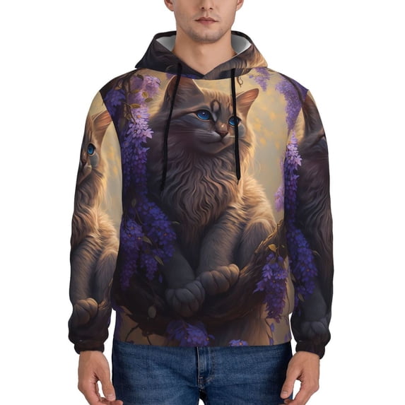 Goofa Purple Flower Lazy Cat for Men's Hooded Sweatshirt - Lightweight Pullover Hoodie with Kangaroo Pocket, Perfect for Everyday Wear-Medium