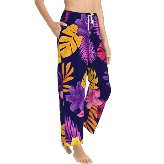 Goofa Purple Flower Printed Soft Pajama Pants for Women, Wide Leg Comfy Casual Lounge Yoga Pants-XX-Large