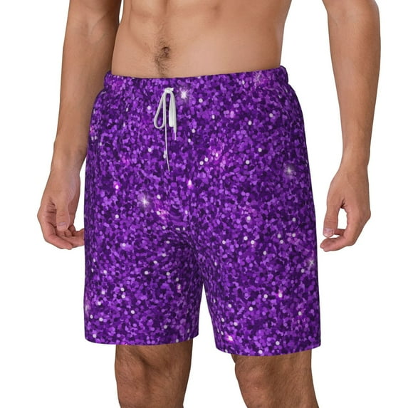 Goofa Purple Glitter Printed Men's Swim Trunks Board Shorts Quick Dry Mens Swimming Trunks with Compression Liner,Breathable Fit Hawaii Beach Shorts-Medium
