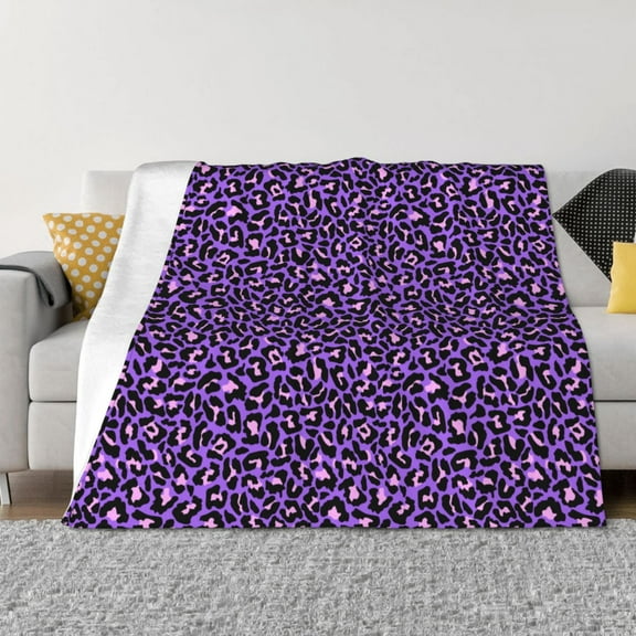 Goofa Purple Leopard Pattern Fleece Throw Blanket for Couch, Soft Checkered Flannel Blanket for Sofa, Warm Cozy Decorative Blanket Fall Decor Gift-