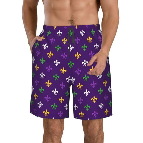 Goofa Purple Mardi Gras Printed Mens Swim Trunks Summer Quick Dry Short Beach Swimwear Bathing Suits-Large