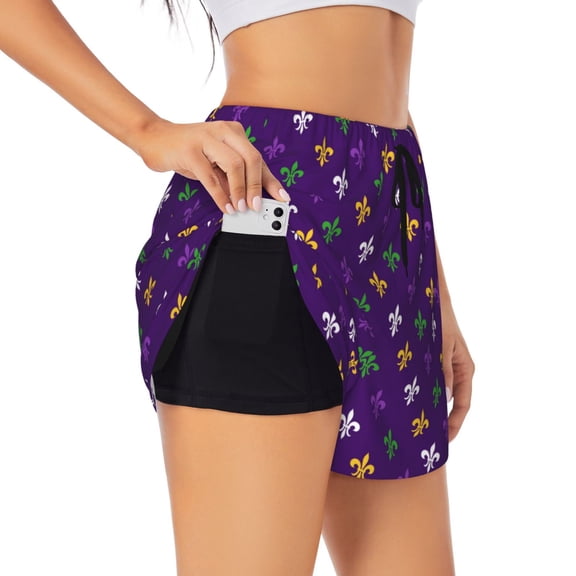 Goofa Purple Mardi Gras Printed Women 2 in 1 Running Shorts,Quick Dry Athletic Workout Shorts,High Waisted Athletic Shorts with Liner Pockets-Small