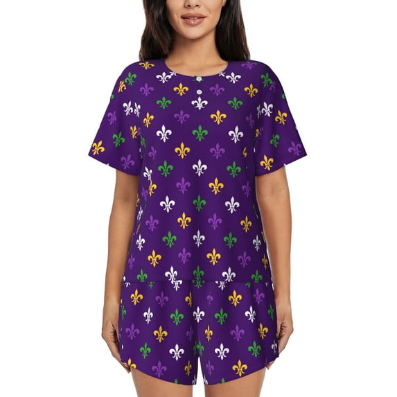 Goofa Purple Mardi Gras for Womens Cotton 2 Piece Pajamas Set Classic Short Sleeve Pjs Set Soft Button Down Sleepwear Loungewear-X-Large
