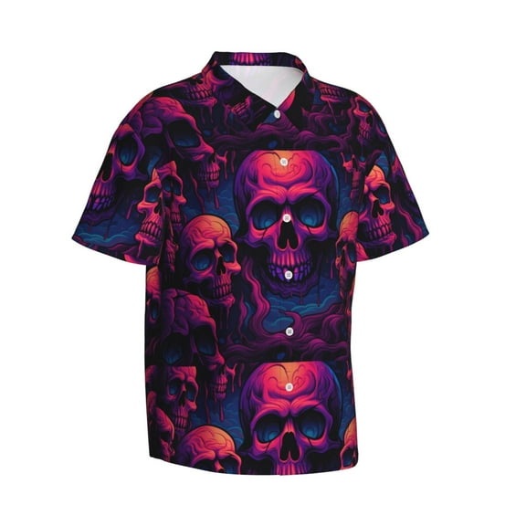 Goofa Purple-Red Skull Hawaiian Shirt for Men, Unisex Summer Beach Casual Short Sleeve Button Down Shirts,Aloha Tropical Floral print shirt-Medium