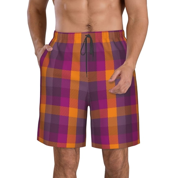 Goofa Purple Yellow Buffalo Plaid Printed Mens Swim Trunks Summer Quick Dry Short Beach Swimwear Bathing Suits-Medium