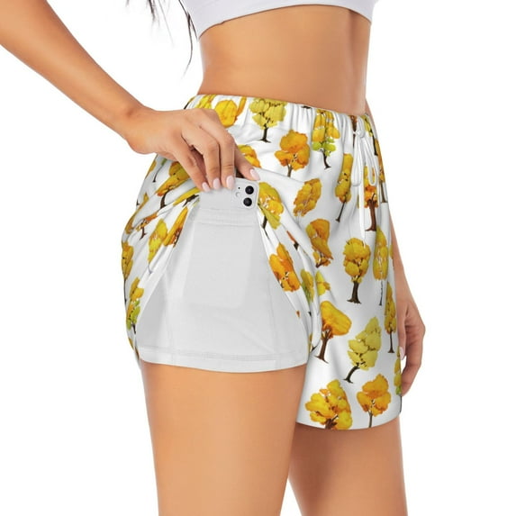 Goofa Qutumn Tree Printed Women 2 in 1 Running Shorts,Quick Dry Athletic Workout Shorts,High Waisted Athletic Shorts with Liner Pockets-Medium