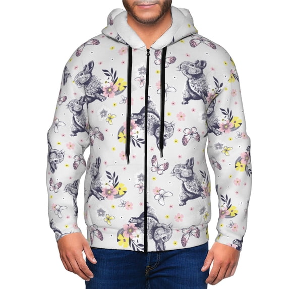 Goofa Rabbit And Butterfly Pattern Mens Full-zip Hoodie, Zip-up Pullover Hooded Sweatshirt, Kangaroo Pocket Hoodie Ideal for Daily Wear, Travel, and Home-3X-Large