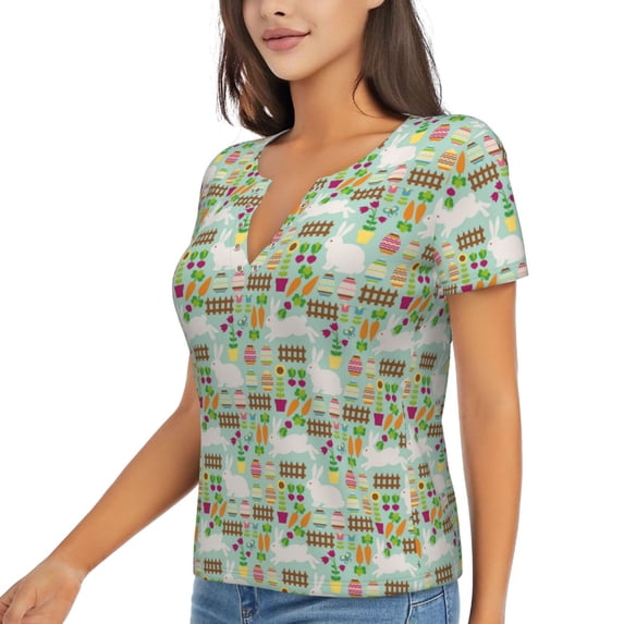 Goofa Rabbit And Carrot Pattern Womens Deep V Neck Low Cut Tops Casual Summer Short Sleeve Ribbed Knit T-Shirts-X-Large