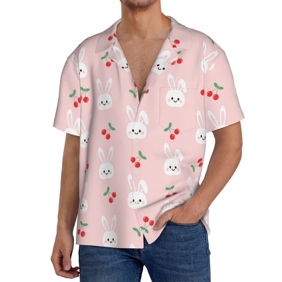 Goofa Rabbit And Cherry Printed Men's Casual Short-sleeved Shirt,Lightweight Breathable Button-down,Summer Casual men's top,Versatile Fashion shirt-XX-Large